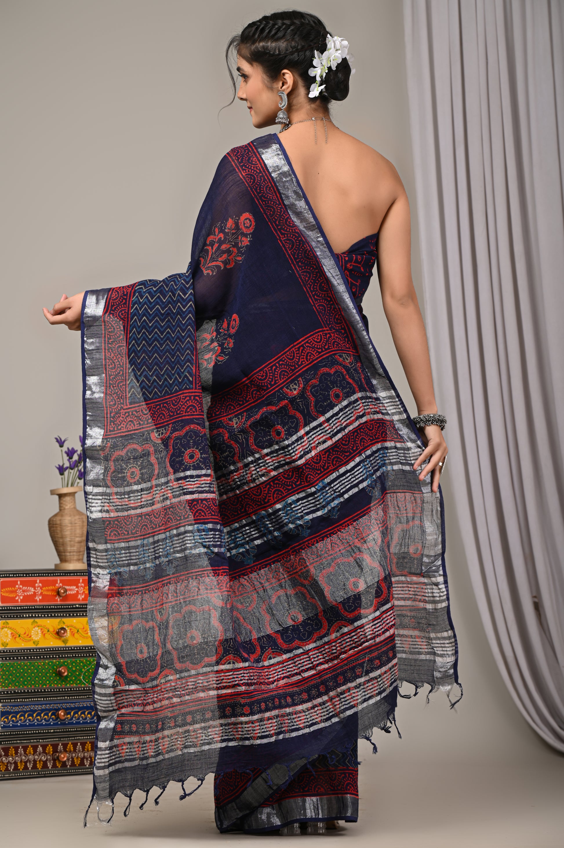 Block Printed Cotton Linen Saree With Unstiched Blouse - Mj Creation