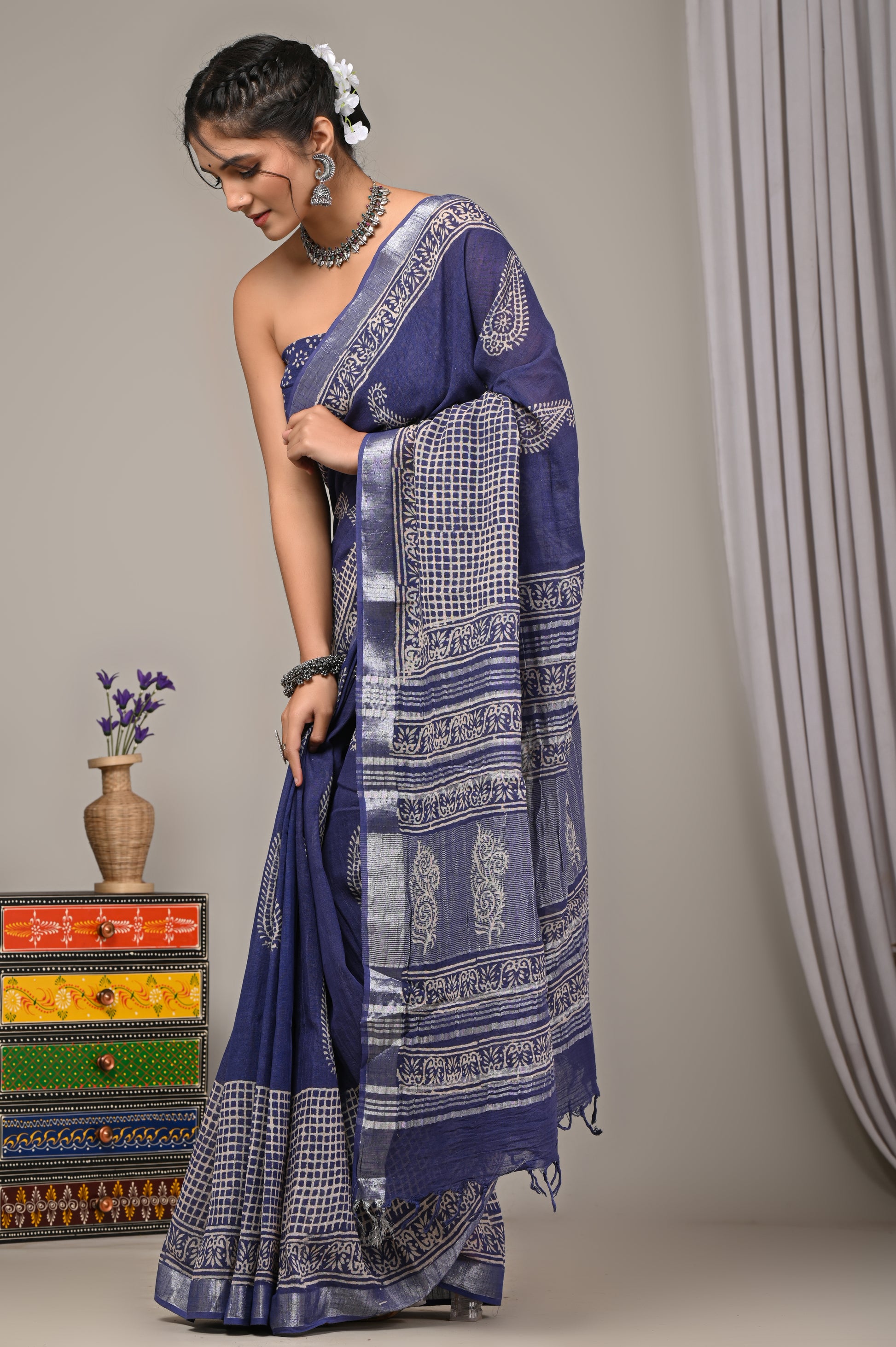 Block Printed Cotton Linen Saree With Unstiched Blouse - Mj Creation