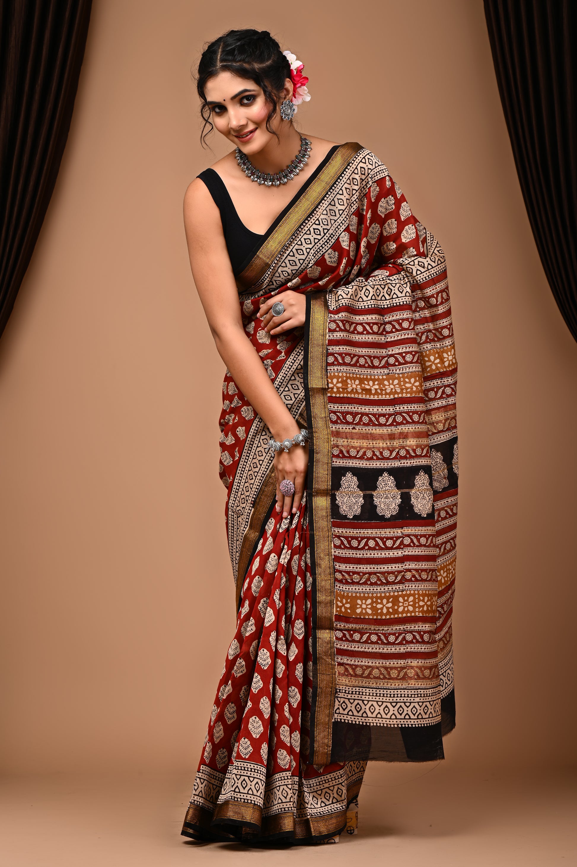 Maheshwari Silk Saree With Unstiched Blouse - Mj Creation