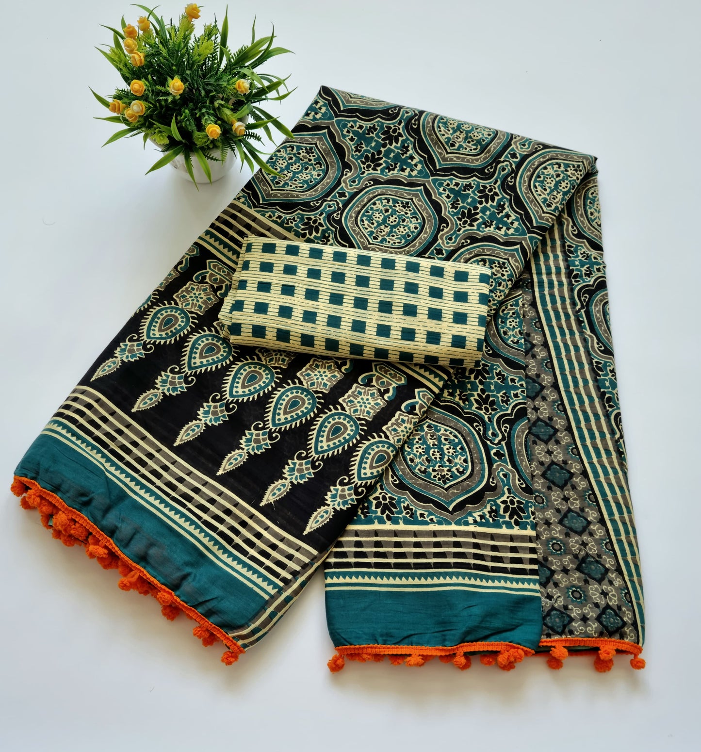 Printed Pure Cotton Mulmul Saree With PomPom Lace - Mj Creation