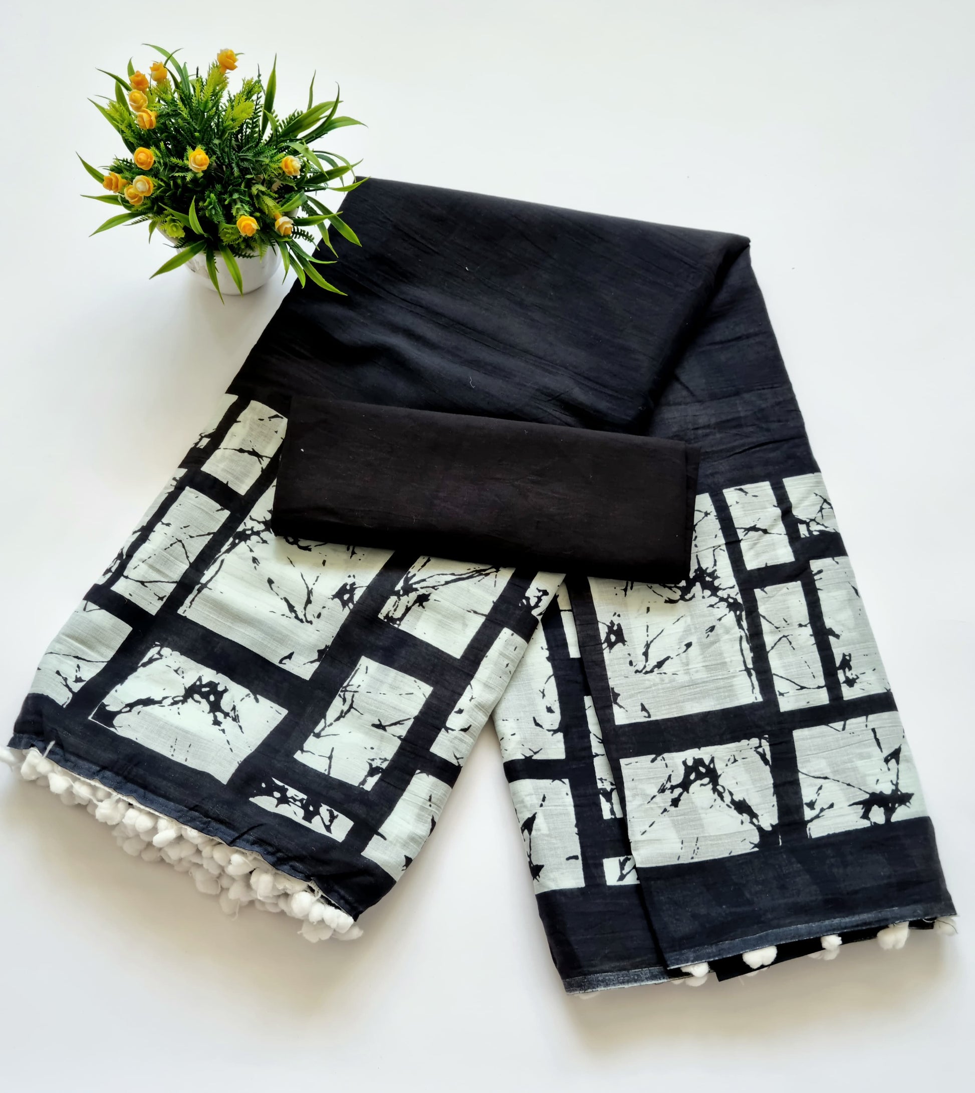 Printed Pure Cotton Mulmul Saree With PomPom Lace - Mj Creation