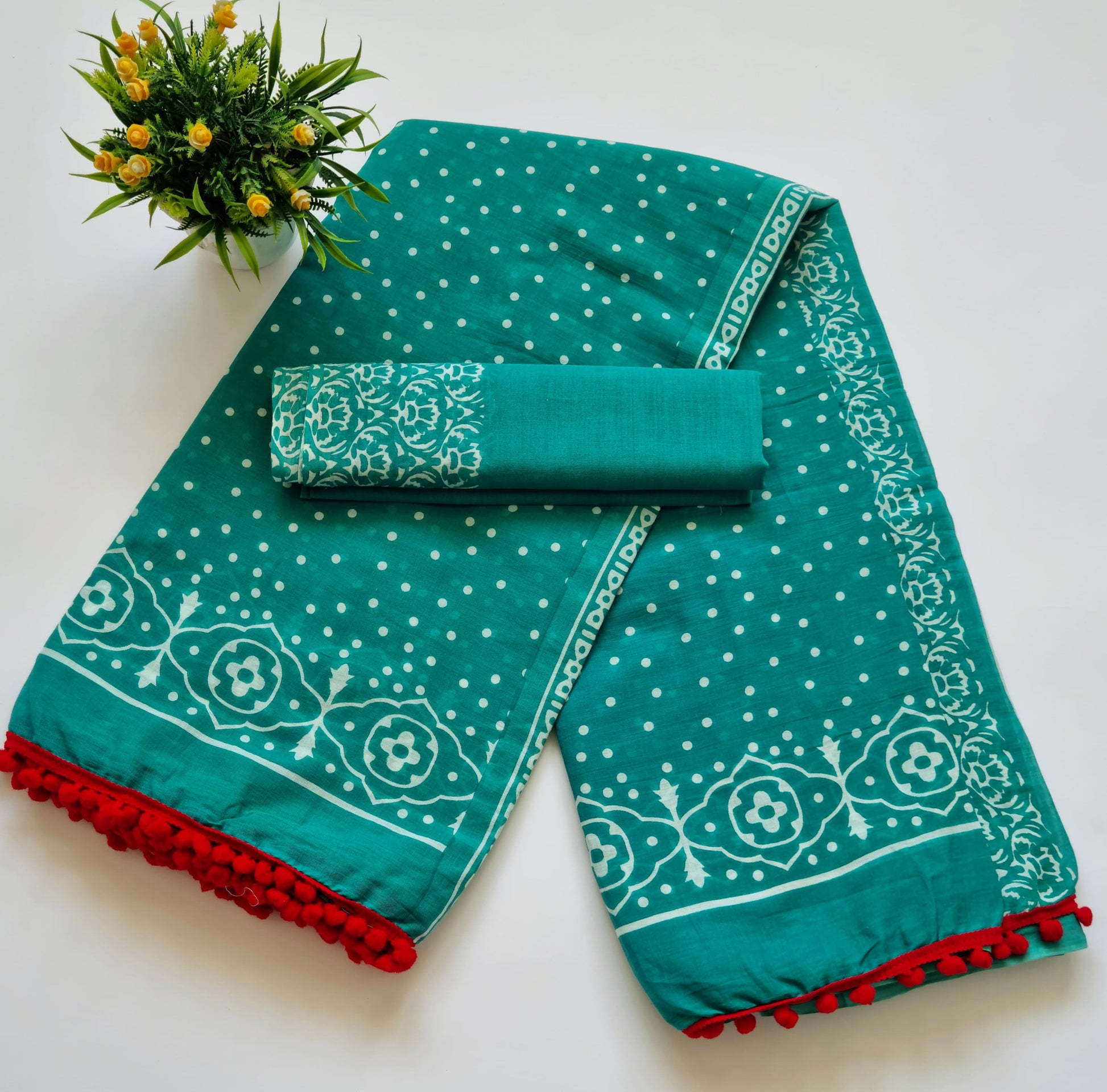 Printed Pure Cotton Mulmul Saree With PomPom Lace - Mj Creation