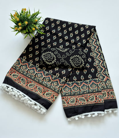 Printed Pure Cotton Mulmul Saree With PomPom Lace - Mj Creation