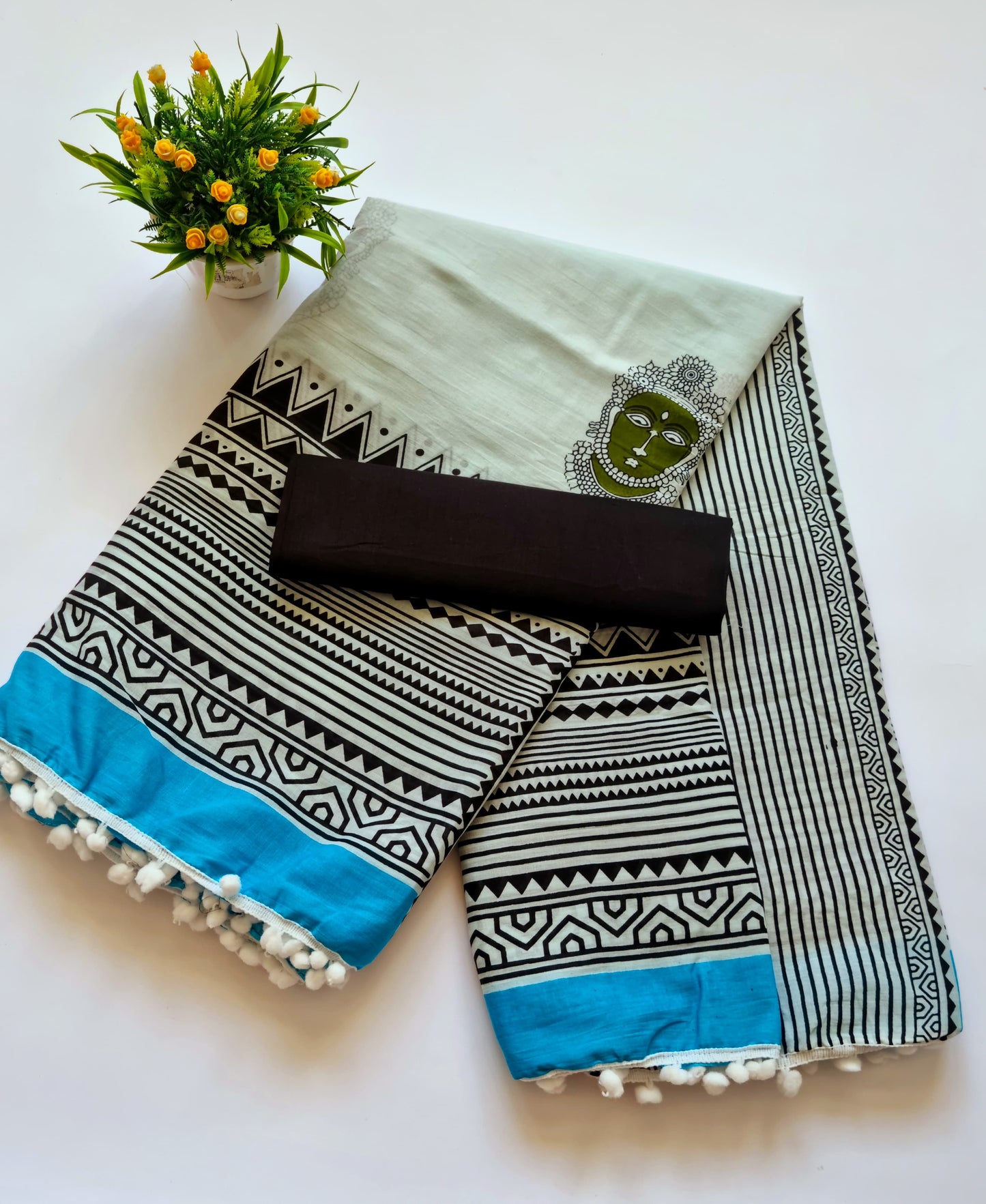 Printed Pure Cotton Mulmul Saree With PomPom Lace - Mj Creation