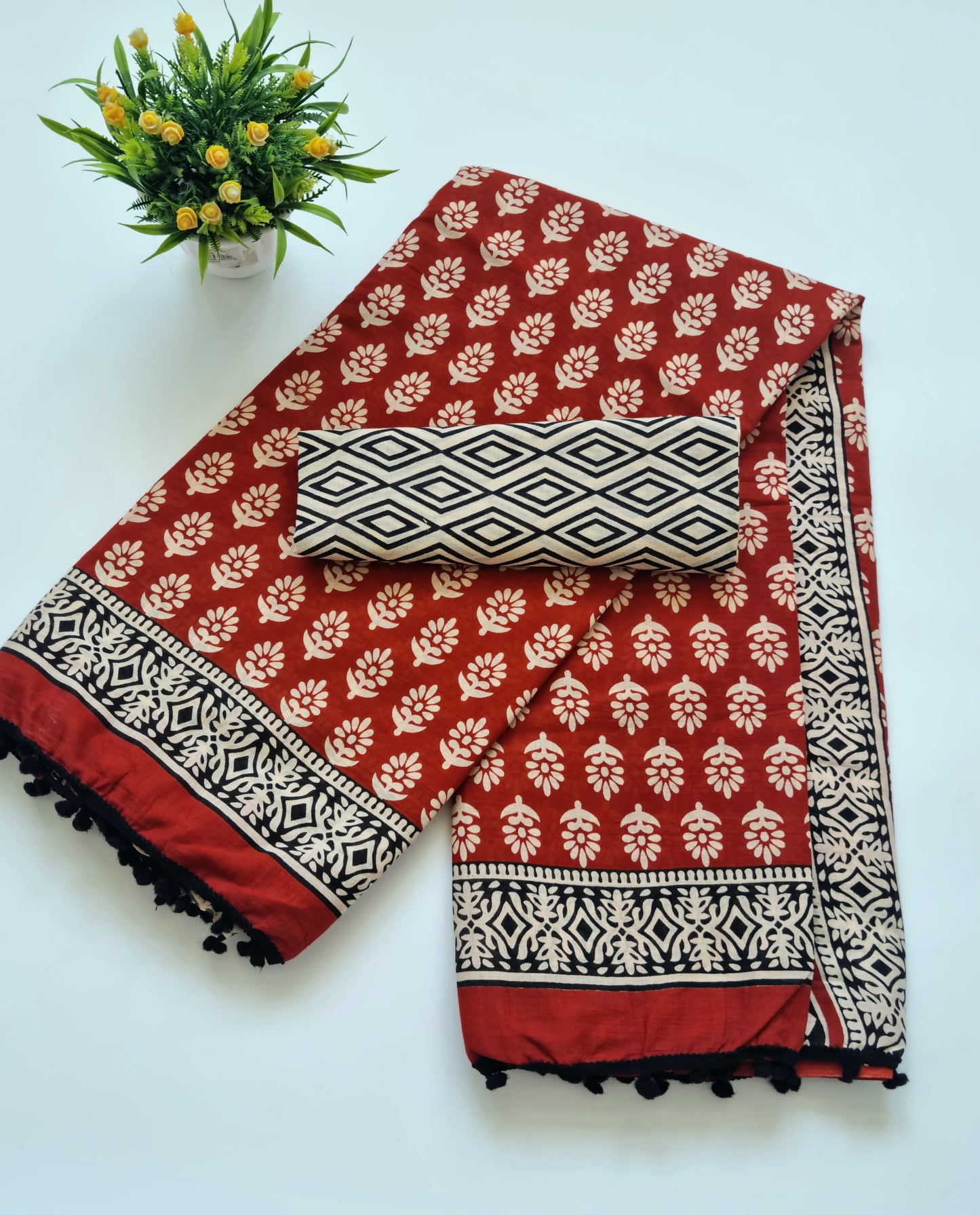 Printed Pure Cotton Mulmul Saree With PomPom Lace - Mj Creation