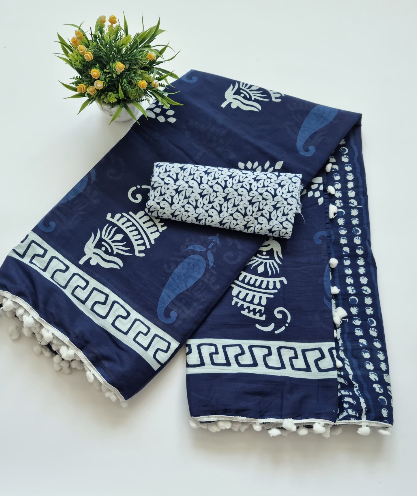 Printed Pure Cotton Mulmul Saree With PomPom Lace - Mj Creation