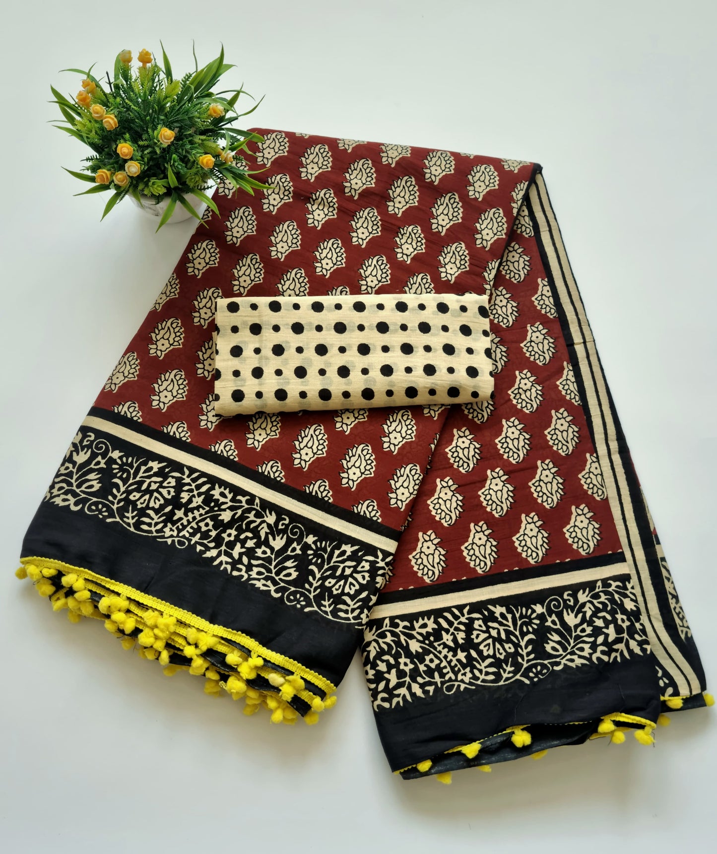 Printed Pure Cotton Mulmul Saree With PomPom Lace - Mj Creation