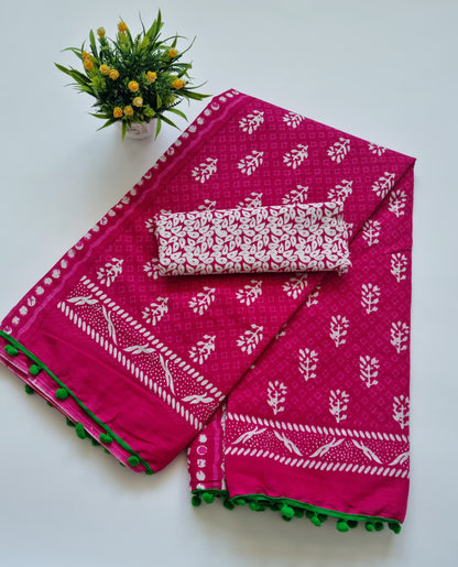 Printed Pure Cotton Mulmul Saree With PomPom Lace - Mj Creation