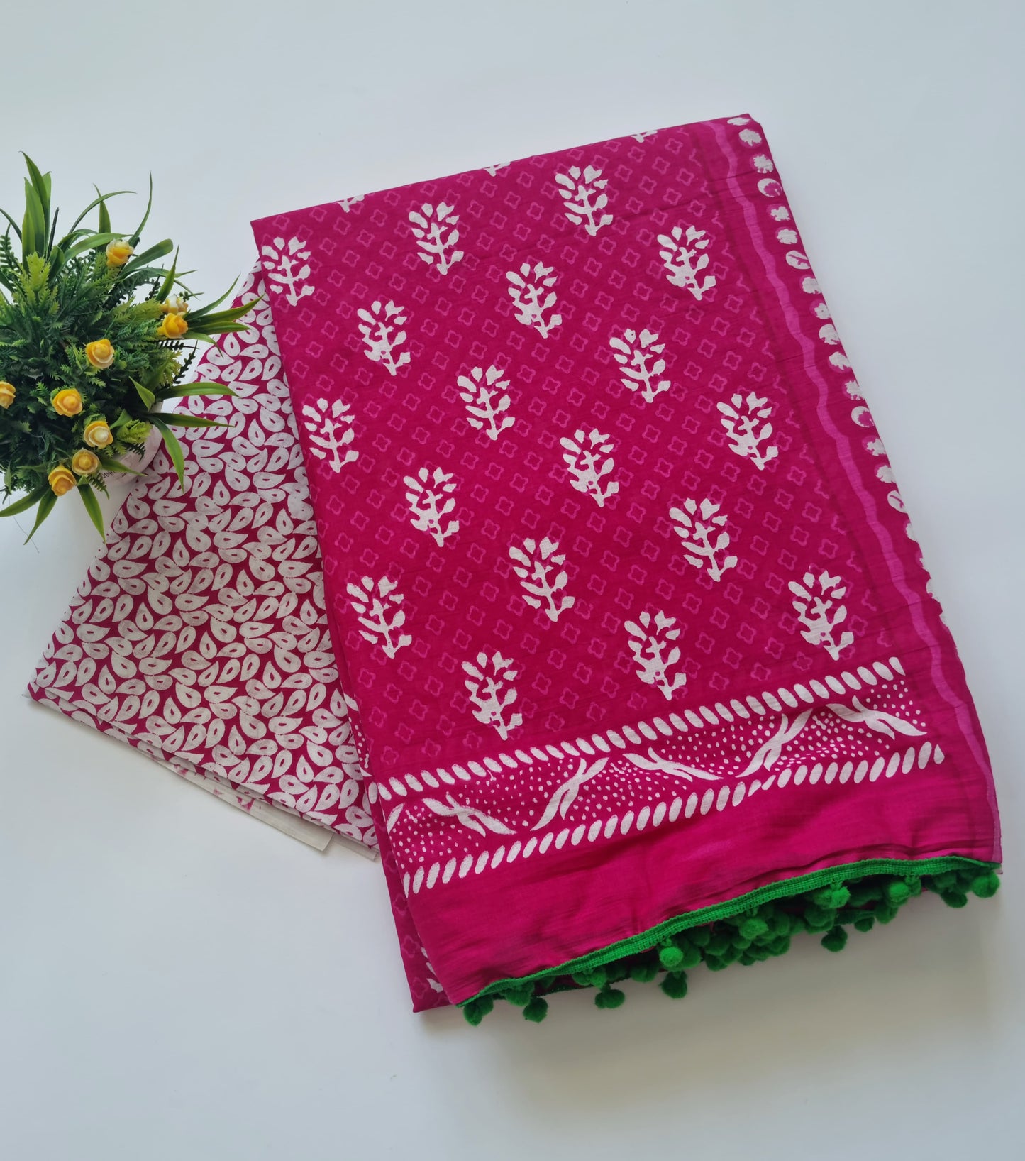 Printed Pure Cotton Mulmul Saree With PomPom Lace - Mj Creation