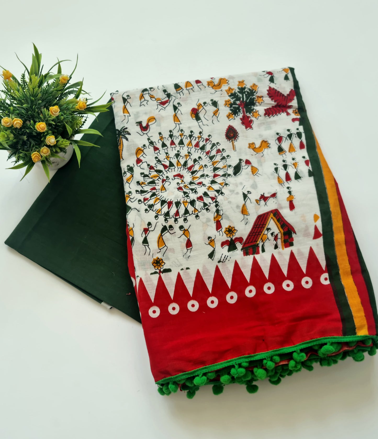 Printed Pure Cotton Mulmul Saree With PomPom Lace - Mj Creation