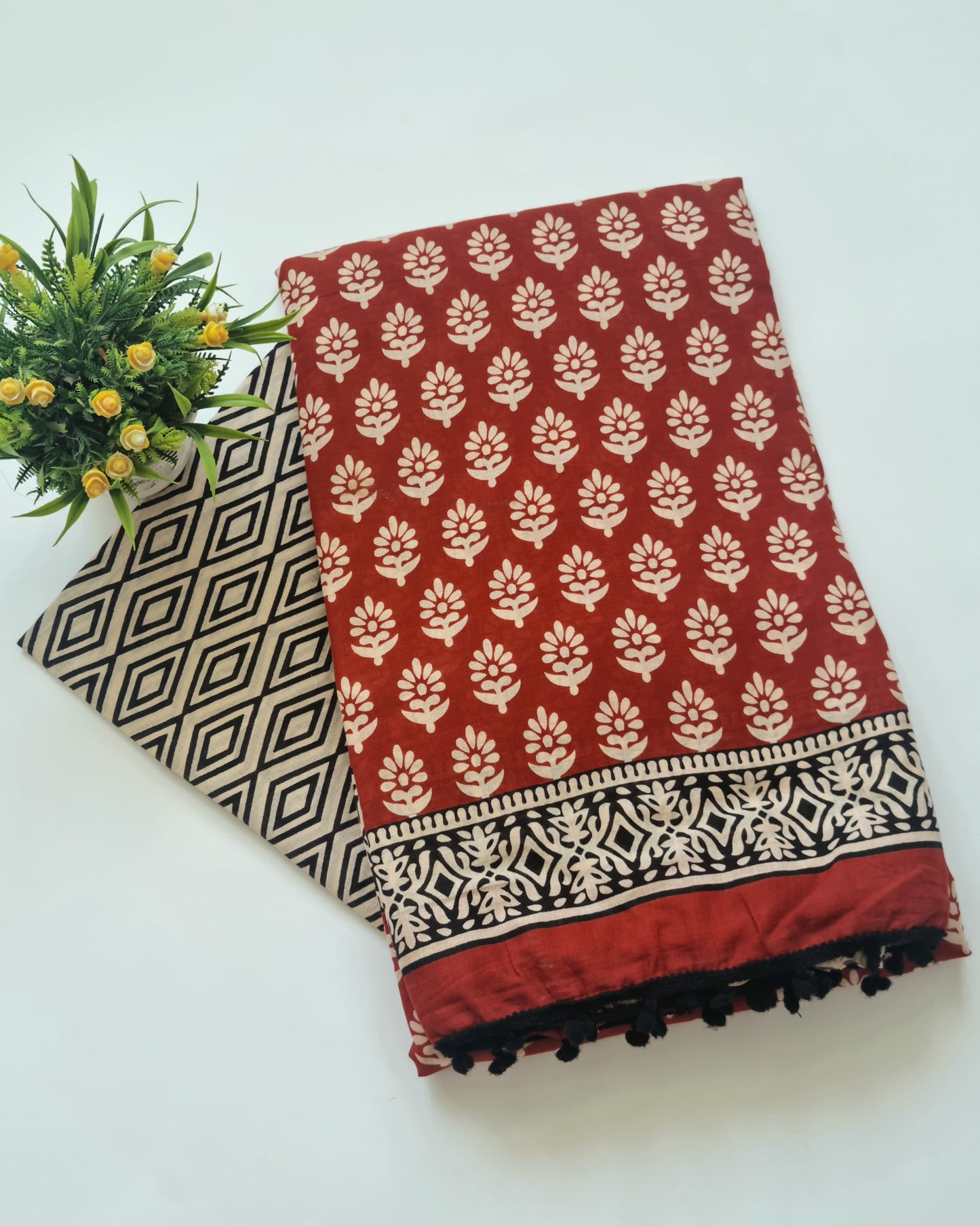 Printed Pure Cotton Mulmul Saree With PomPom Lace - Mj Creation