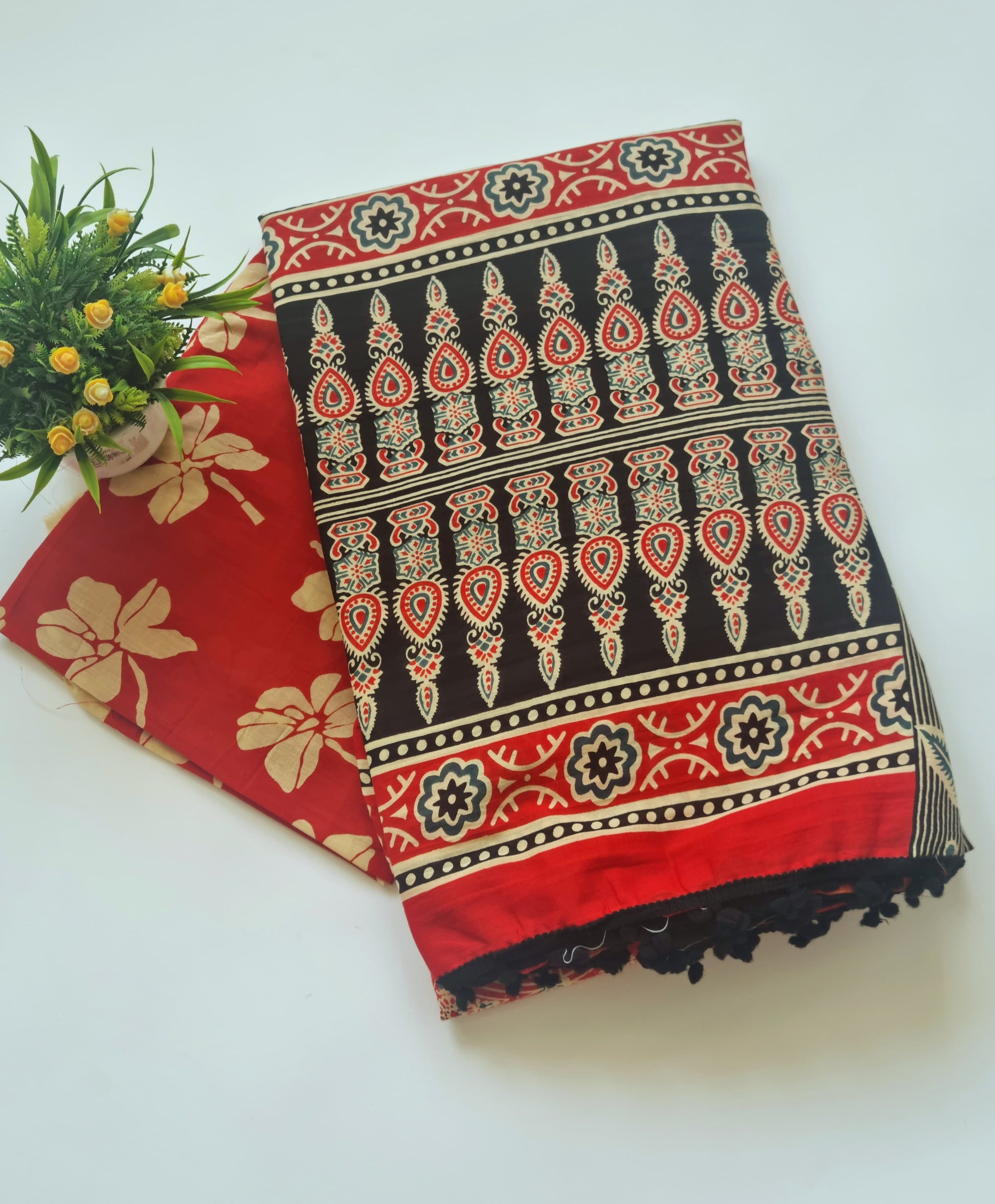 Printed Pure Cotton Mulmul Saree With PomPom Lace - Mj Creation