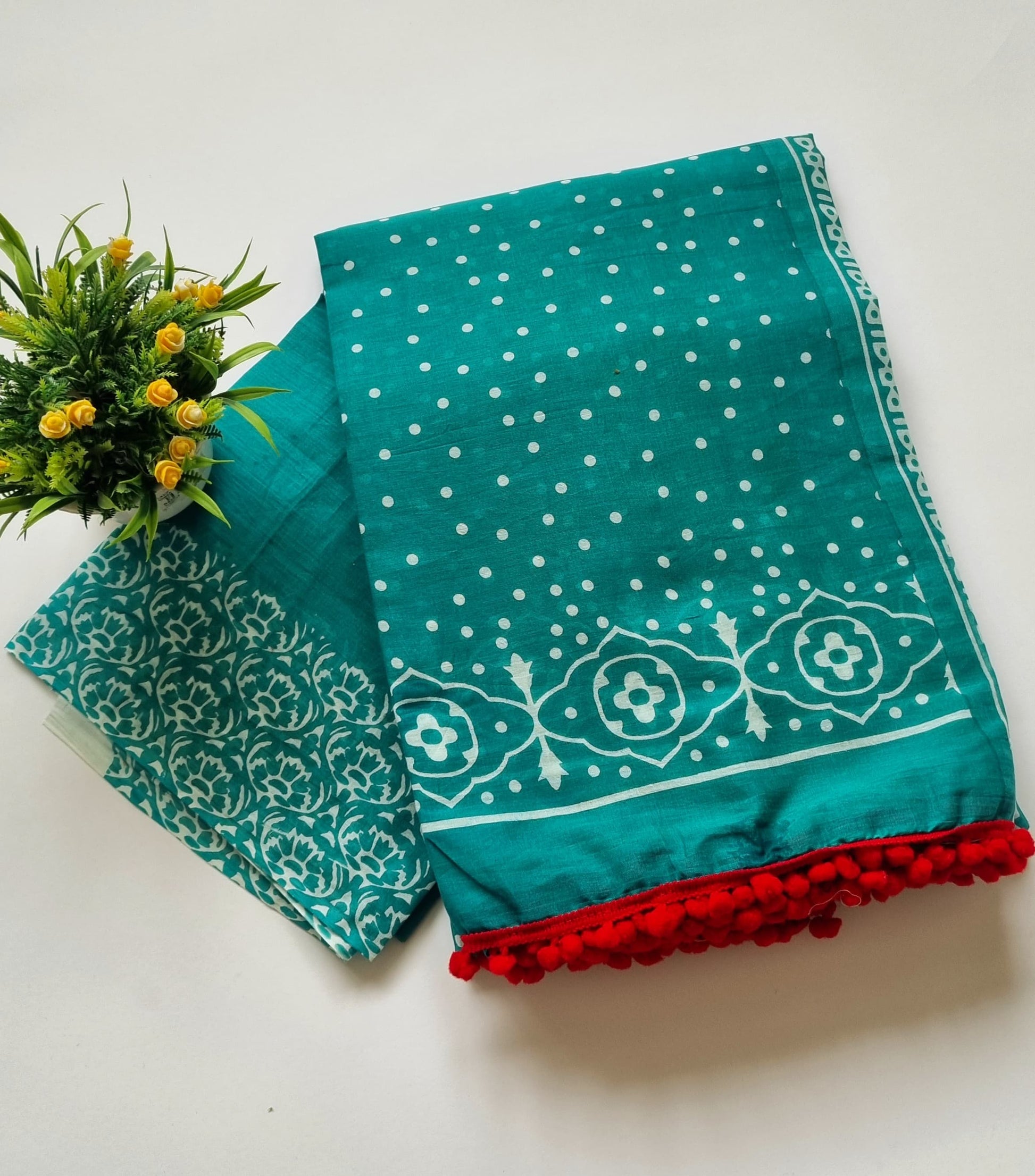 Printed Pure Cotton Mulmul Saree With PomPom Lace - Mj Creation