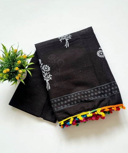 Printed Pure Cotton Mulmul Saree With PomPom Lace - Mj Creation