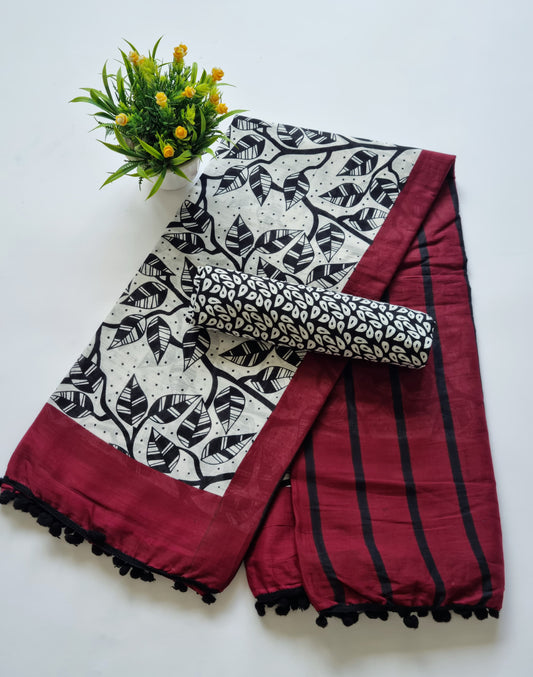 Printed Pure Cotton Mulmul Saree With PomPom Lace - Mj Creation