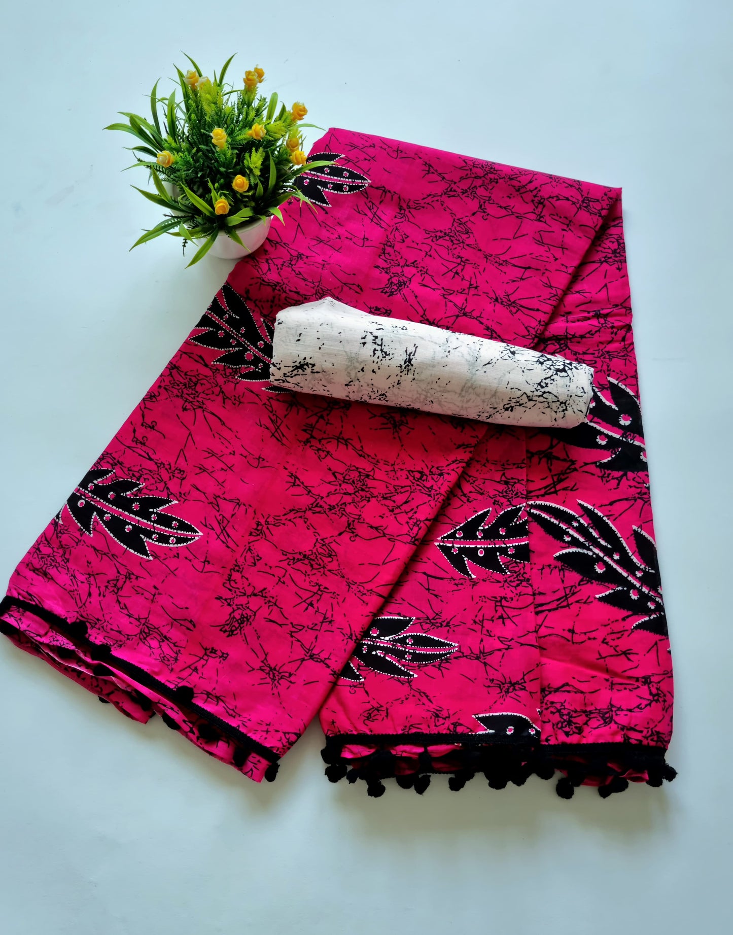 Printed Pure Cotton Mulmul Saree With PomPom Lace - Mj Creation