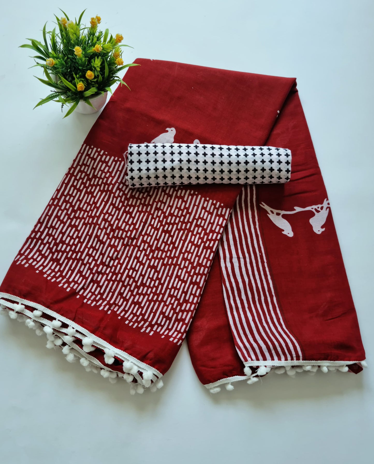 Printed Pure Cotton Mulmul Saree With PomPom Lace - Mj Creation