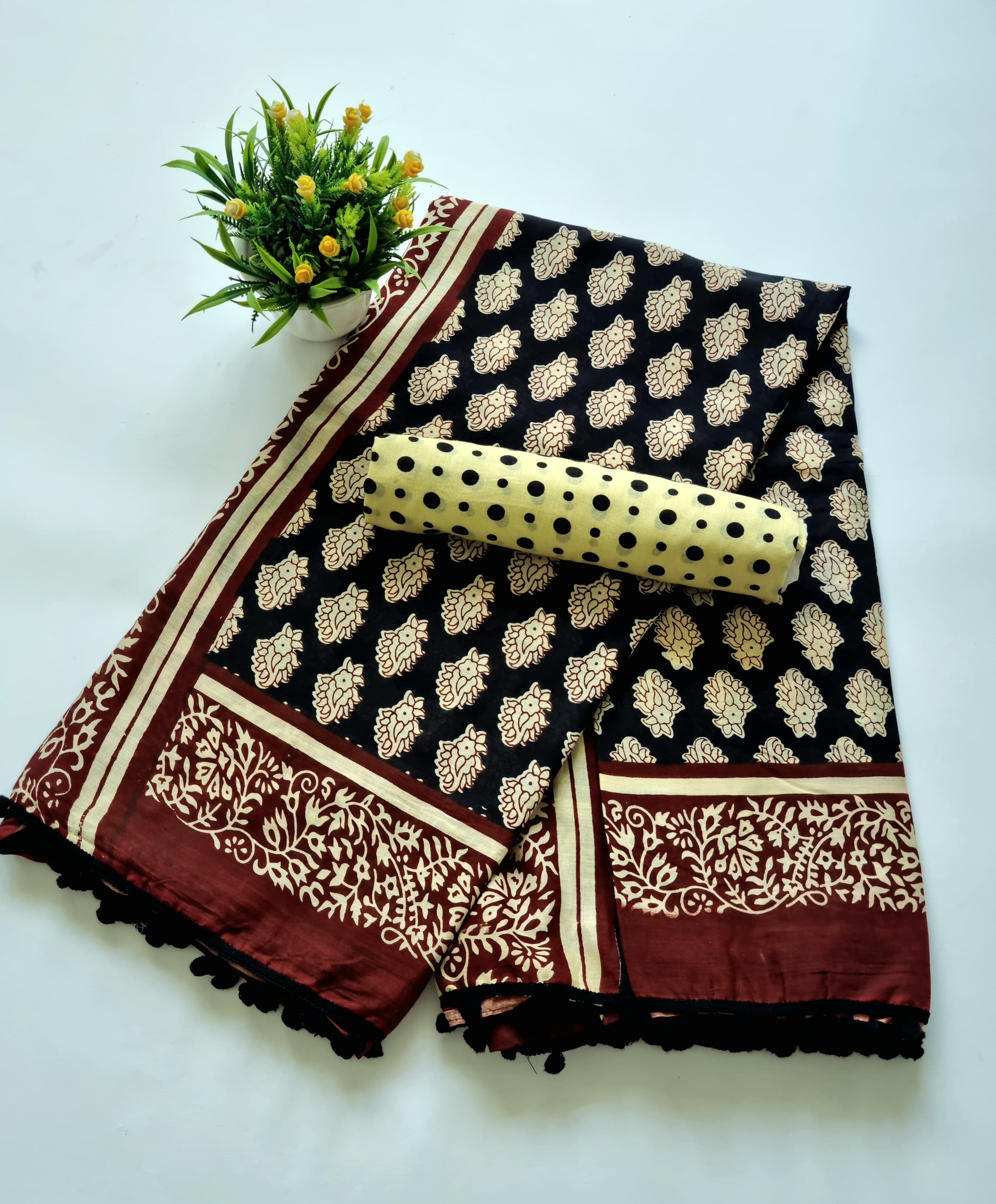 Printed Pure Cotton Mulmul Saree With PomPom Lace - Mj Creation