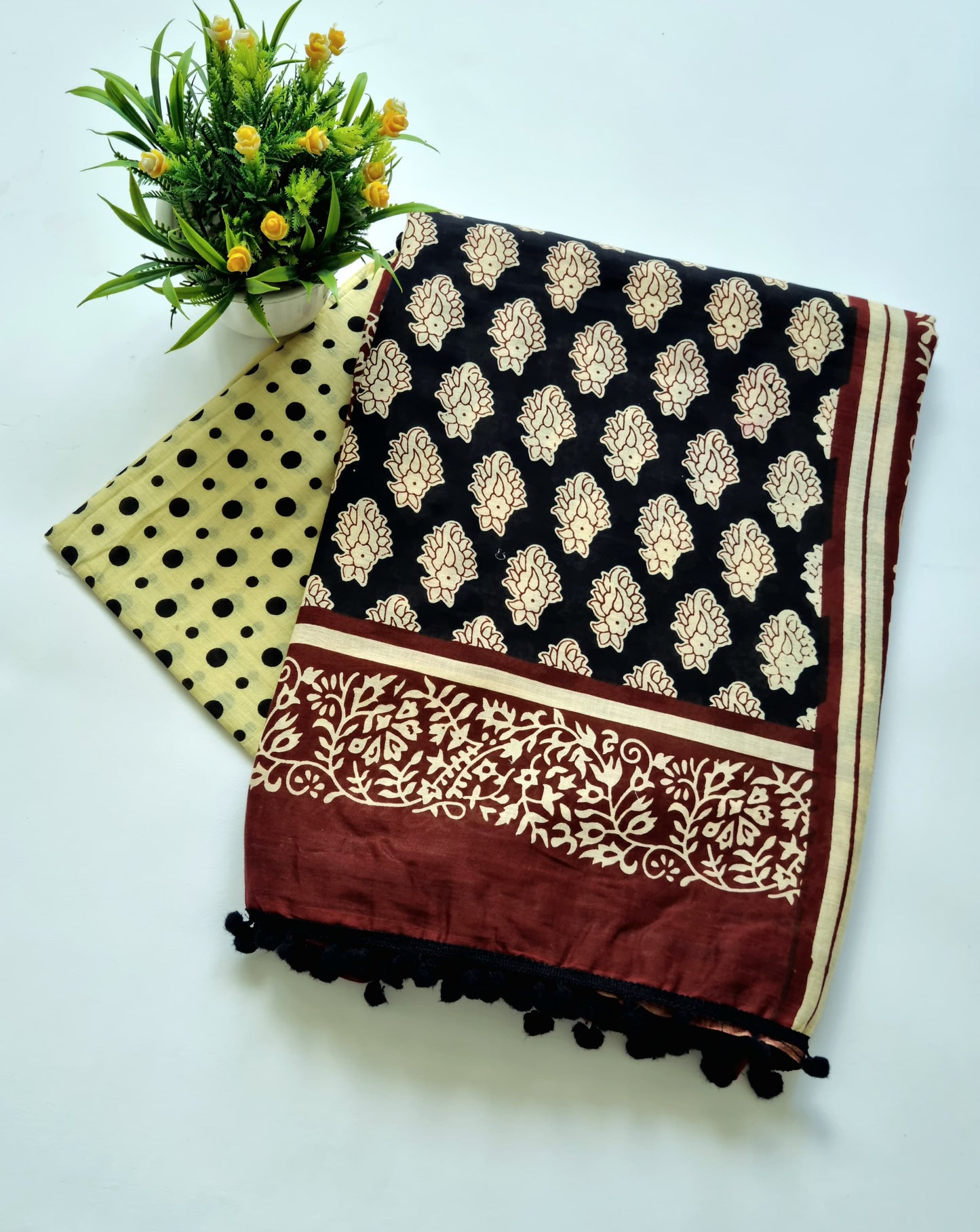 Printed Pure Cotton Mulmul Saree With PomPom Lace - Mj Creation