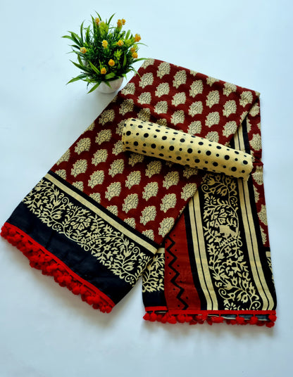 Printed Pure Cotton Mulmul Saree With PomPom Lace - Mj Creation