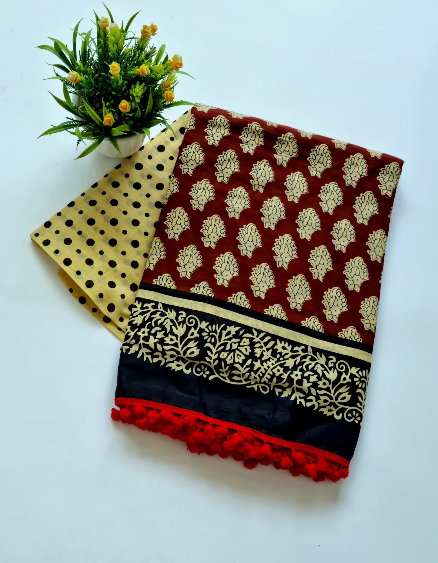 Printed Pure Cotton Mulmul Saree With PomPom Lace - Mj Creation