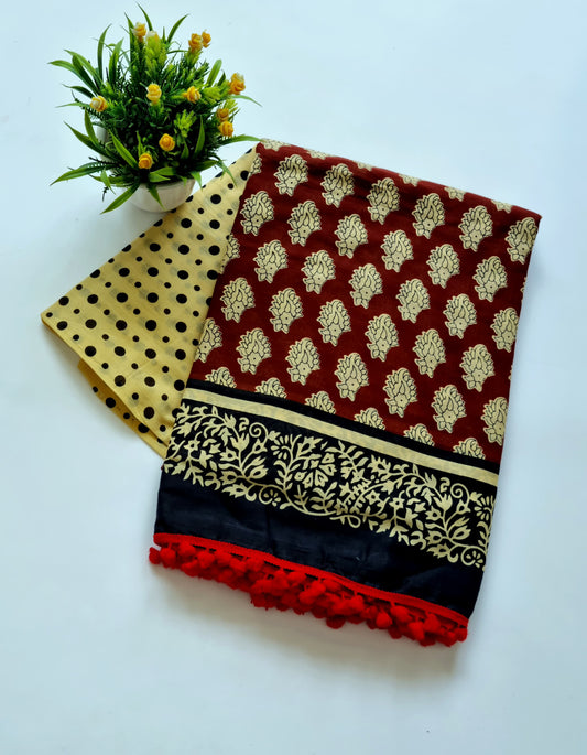 Printed Pure Cotton Mulmul Saree With PomPom Lace - Mj Creation