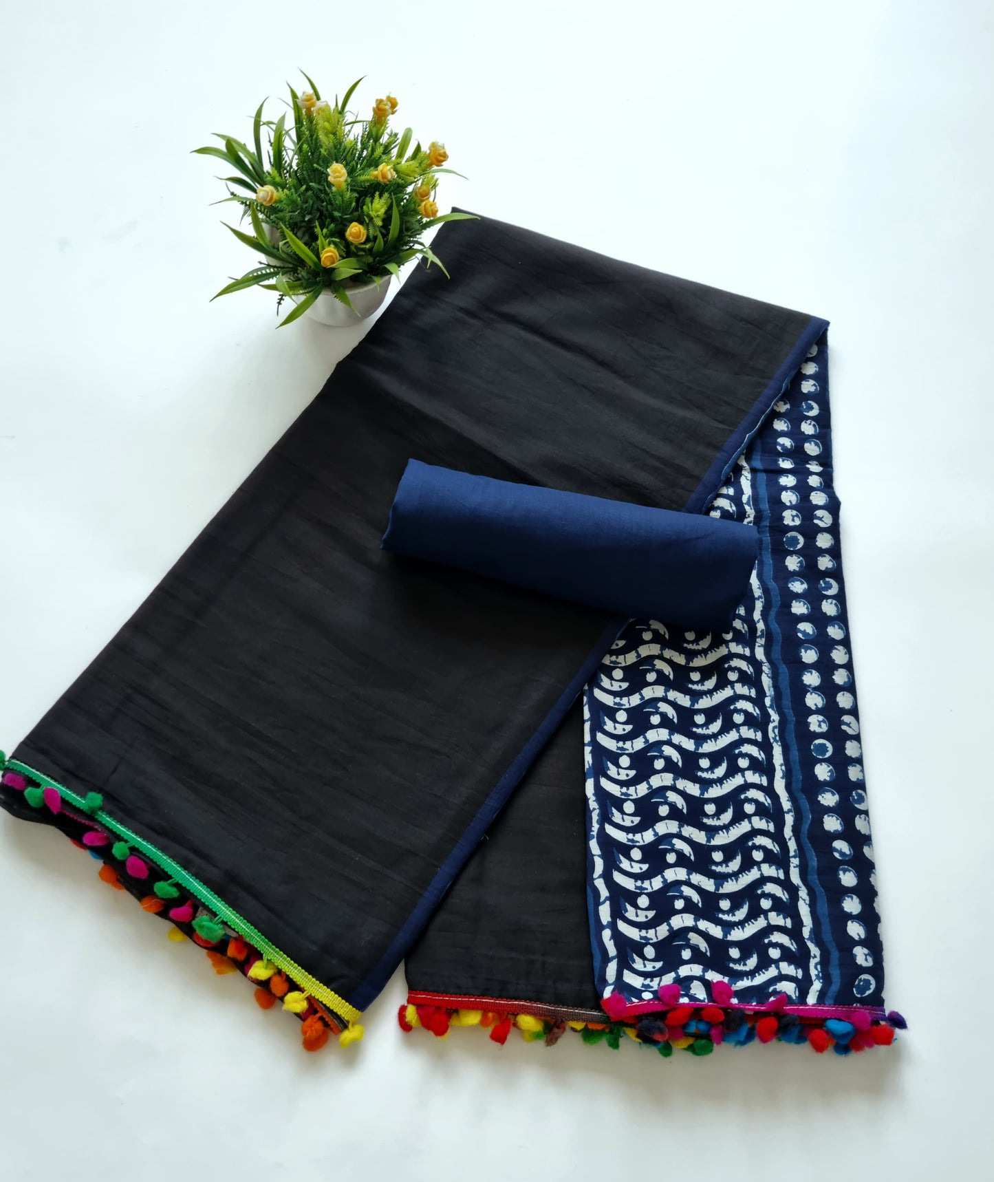 Printed Pure Cotton Mulmul Saree With PomPom Lace - Mj Creation