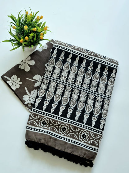 Printed Pure Cotton Mulmul Saree With PomPom Lace - Mj Creation