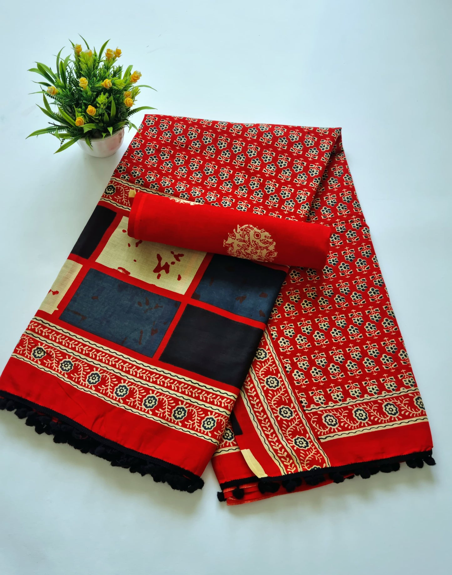 Printed Pure Cotton Mulmul Saree With PomPom Lace - Mj Creation