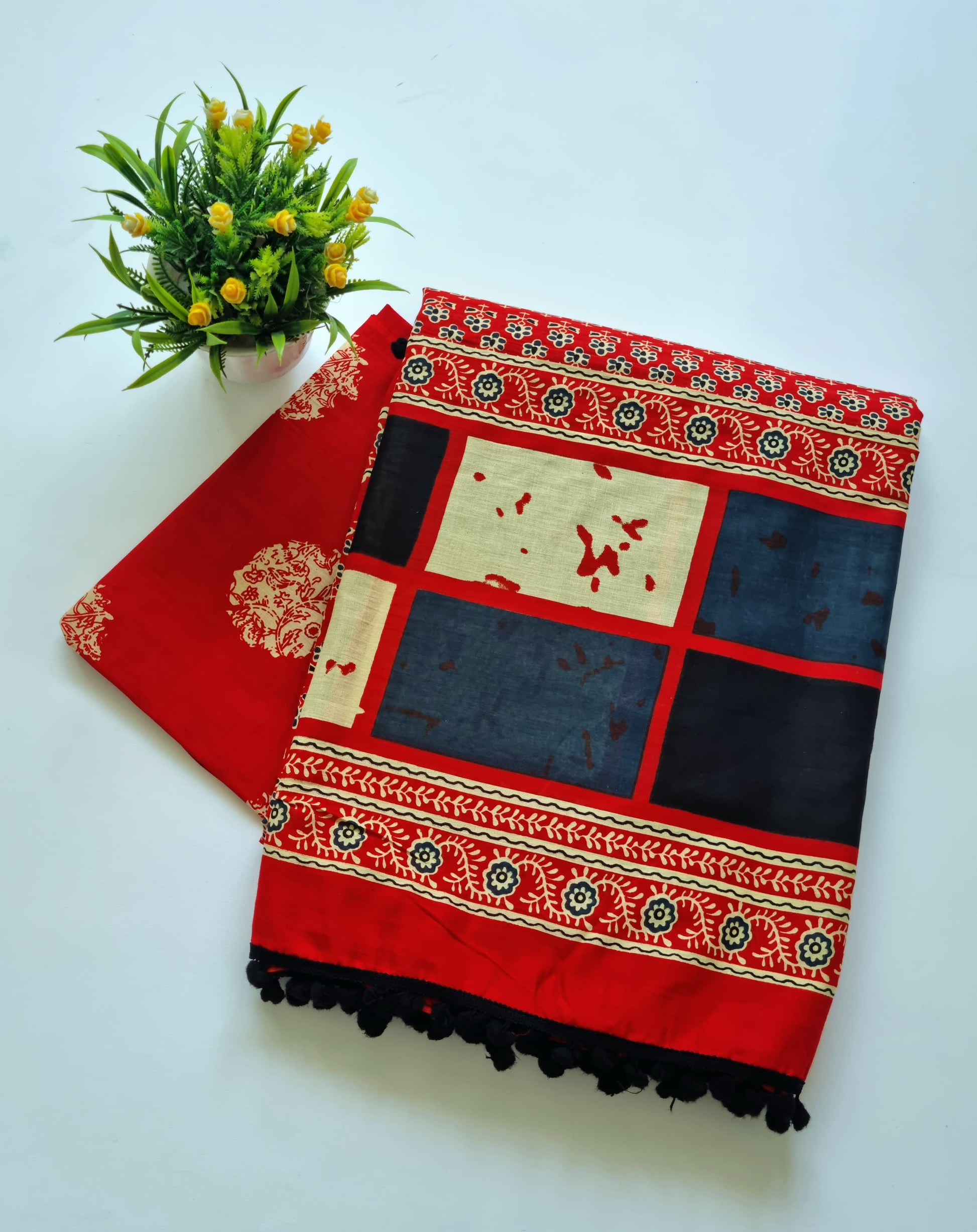 Printed Pure Cotton Mulmul Saree With PomPom Lace - Mj Creation