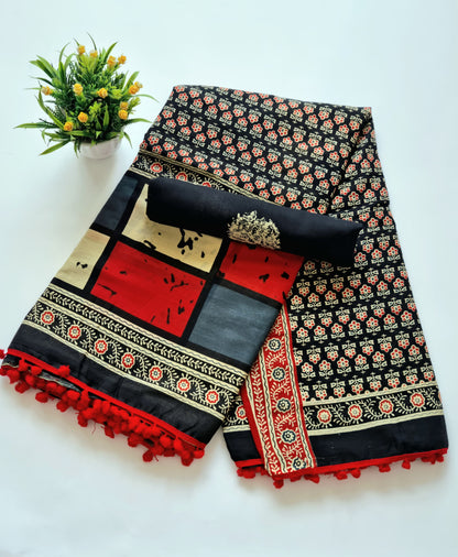 Printed Pure Cotton Mulmul Saree With PomPom Lace - Mj Creation