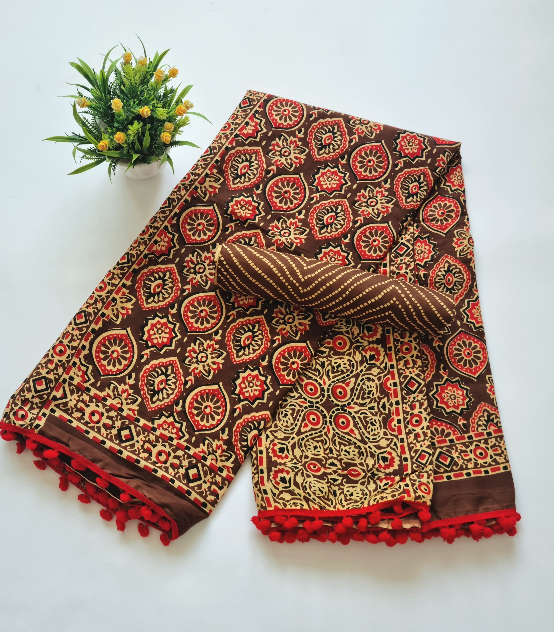 Printed Pure Cotton Mulmul Saree With PomPom Lace - Mj Creation